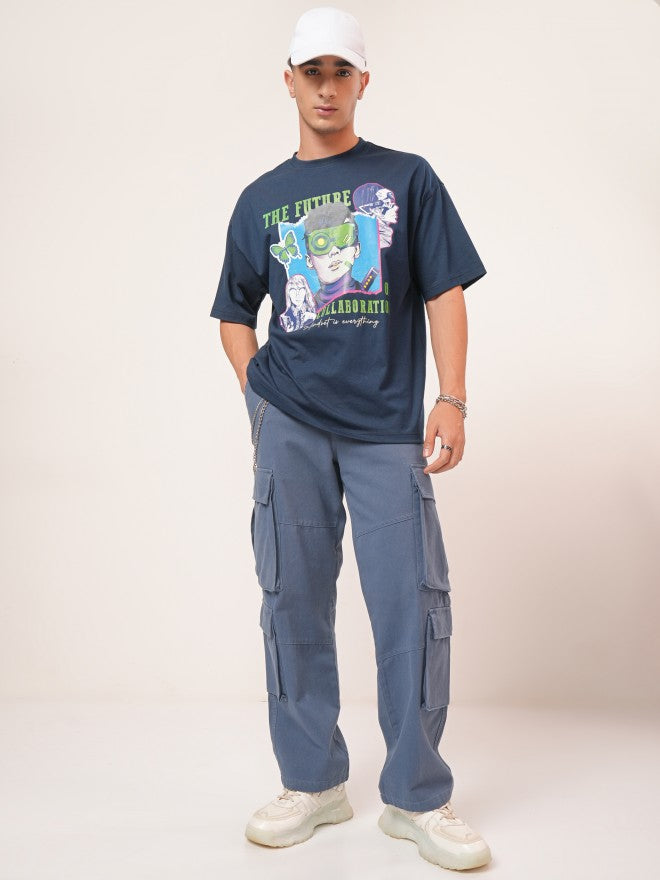 Highlander Men Navy Blue Printed Oversized Fit Round Neck T-Shirt - Navy Blue - Image 2