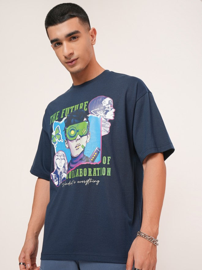 Highlander Men Navy Blue Printed Oversized Fit Round Neck T-Shirt - Navy Blue - Image 4