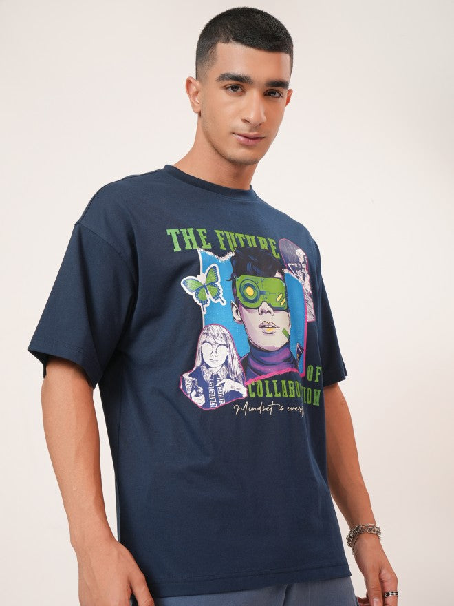 Highlander Men Navy Blue Printed Oversized Fit Round Neck T-Shirt - Navy Blue - Image 6