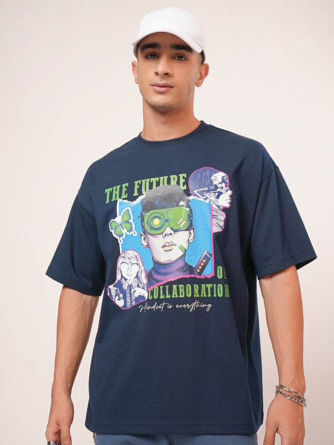 Highlander Men Navy Blue Printed Oversized Fit Round Neck T-Shirt - Navy Blue - Image 7