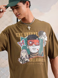 Highlander Men Olive Printed Round Neck Oversized Fit T-Shirt - Olive - Image 1