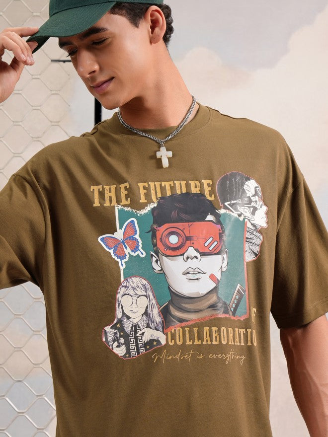 Highlander Men Olive Printed Round Neck Oversized Fit T-Shirt - Olive - Image 1