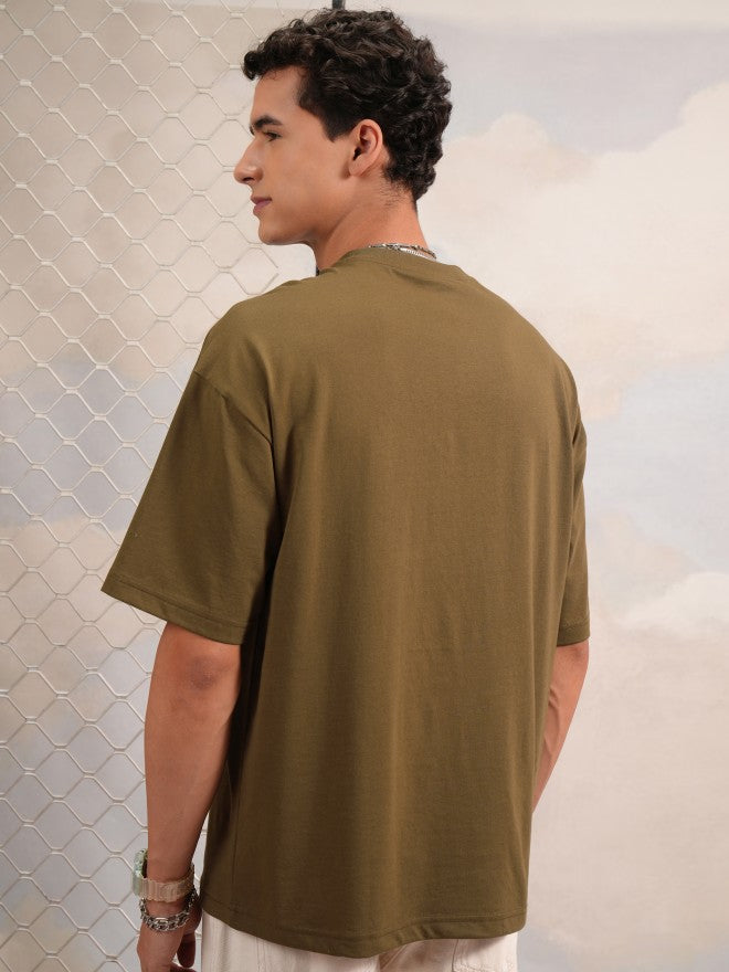 Highlander Men Olive Printed Round Neck Oversized Fit T-Shirt - Olive - Image 3
