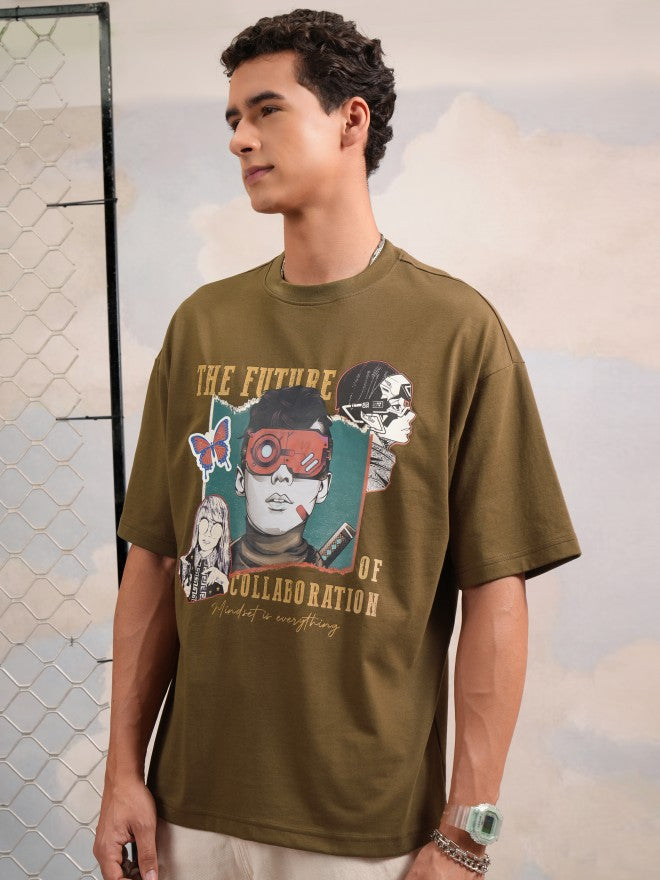 Highlander Men Olive Printed Round Neck Oversized Fit T-Shirt - Olive - Image 4