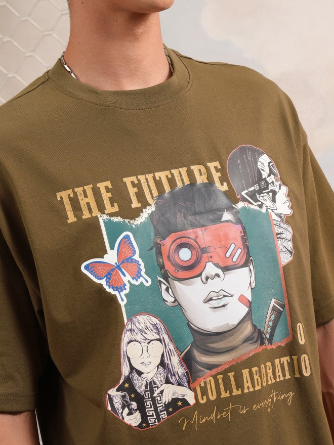 Highlander Men Olive Printed Round Neck Oversized Fit T-Shirt - Olive - Image 5