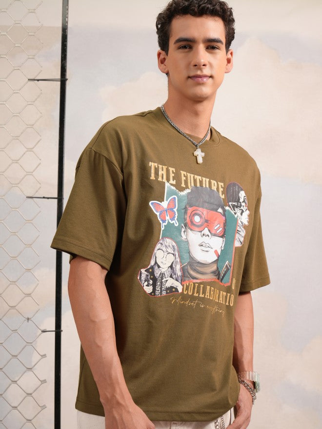 Highlander Men Olive Printed Round Neck Oversized Fit T-Shirt - Olive - Image 6