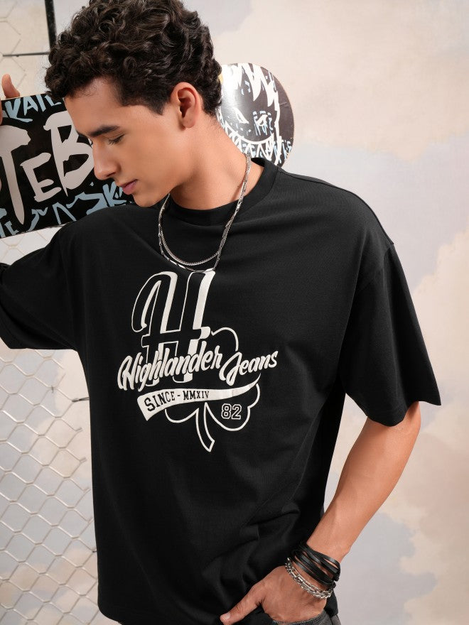 Highlander Men Black Printed Round Neck Oversized Fit T-Shirt - Black - Image 1