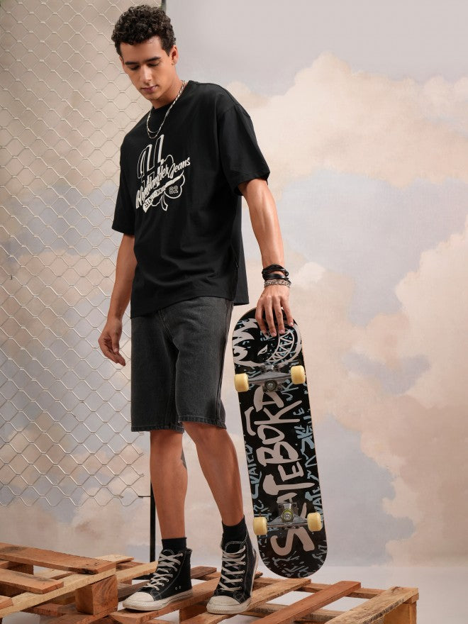 Highlander Men Black Printed Round Neck Oversized Fit T-Shirt - Black - Image 2