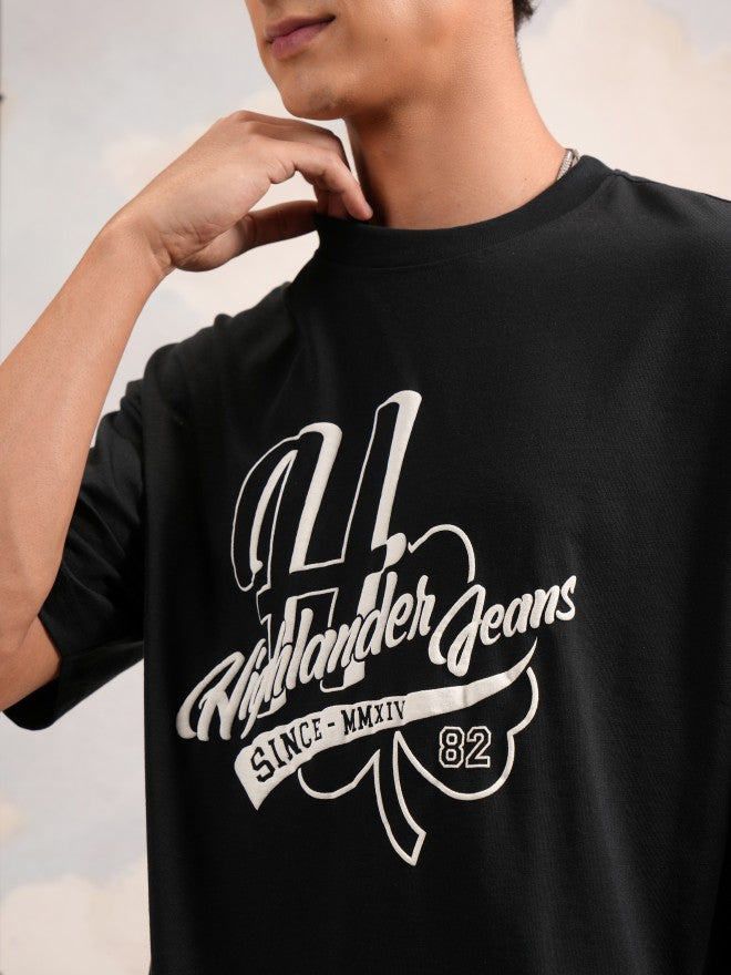Highlander Men Black Printed Round Neck Oversized Fit T-Shirt - Black - Image 5