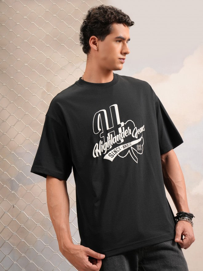 Highlander Men Black Printed Round Neck Oversized Fit T-Shirt - Black - Image 6