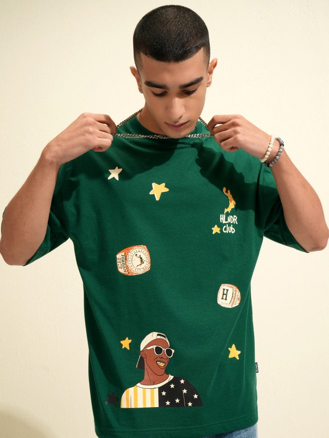 Highlander Men Green Printed Round Neck Oversized Fit T-Shirt - Green - Image 3