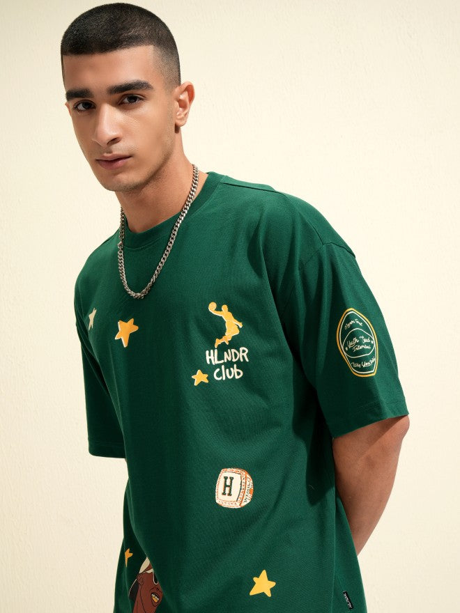 Highlander Men Green Printed Round Neck Oversized Fit T-Shirt - Green - Image 4