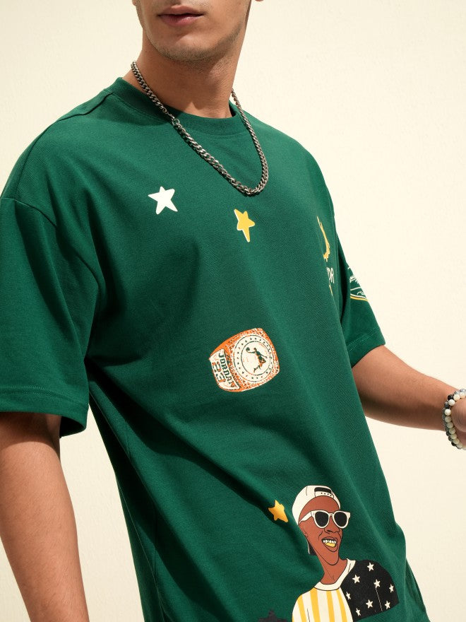 Highlander Men Green Printed Round Neck Oversized Fit T-Shirt - Green - Image 5