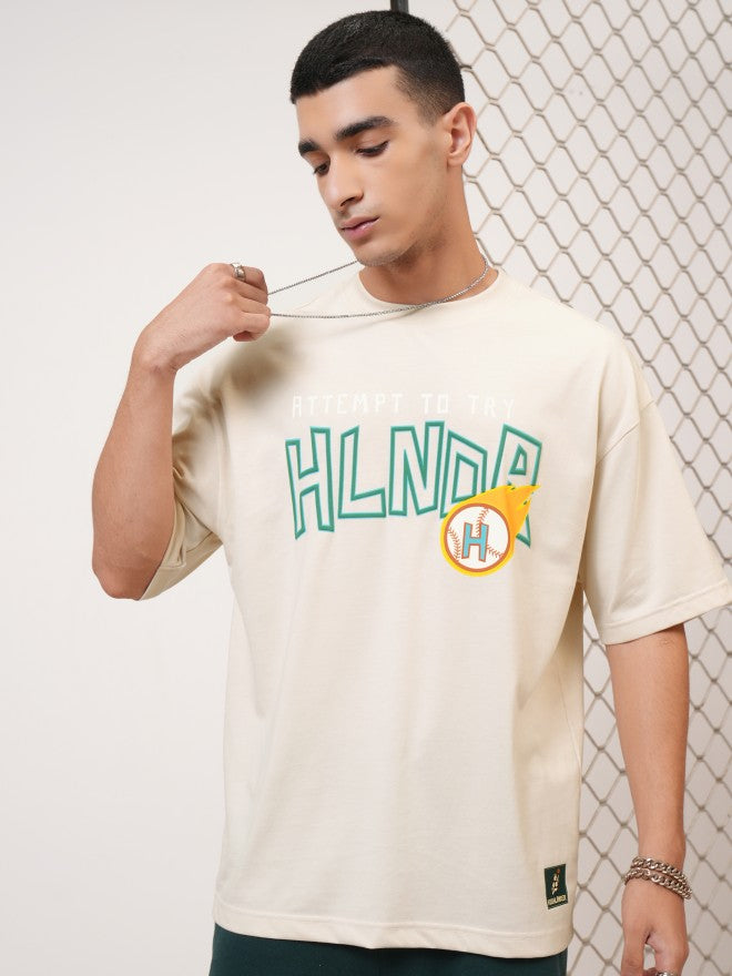 Highlander Men Cream Printed Round Neck Oversized Fit T-Shirt - Cream - Image 1
