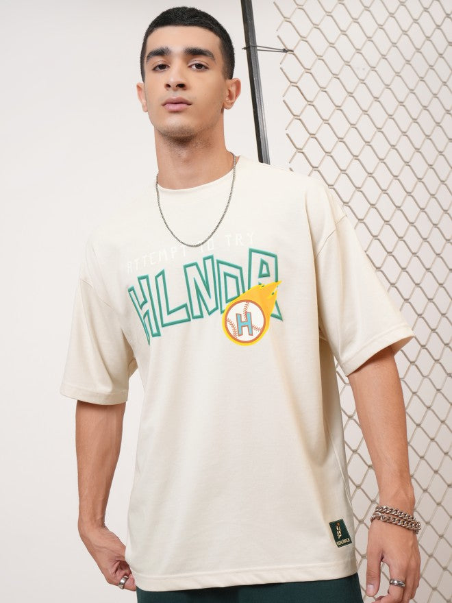 Highlander Men Cream Printed Round Neck Oversized Fit T-Shirt - Cream - Image 4