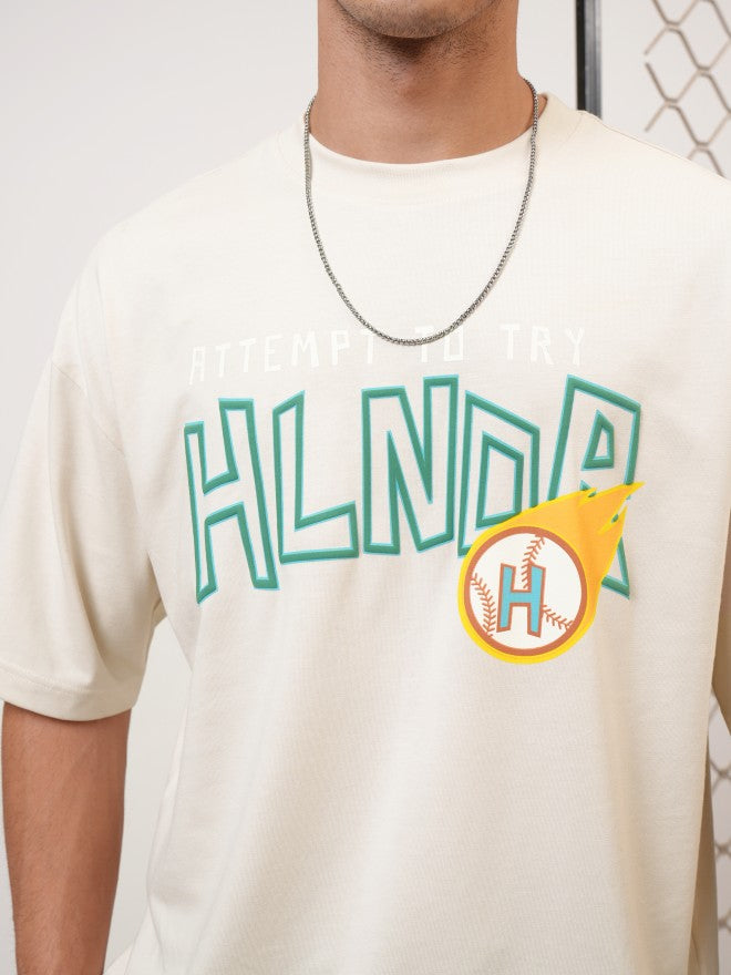 Highlander Men Cream Printed Round Neck Oversized Fit T-Shirt - Cream - Image 5