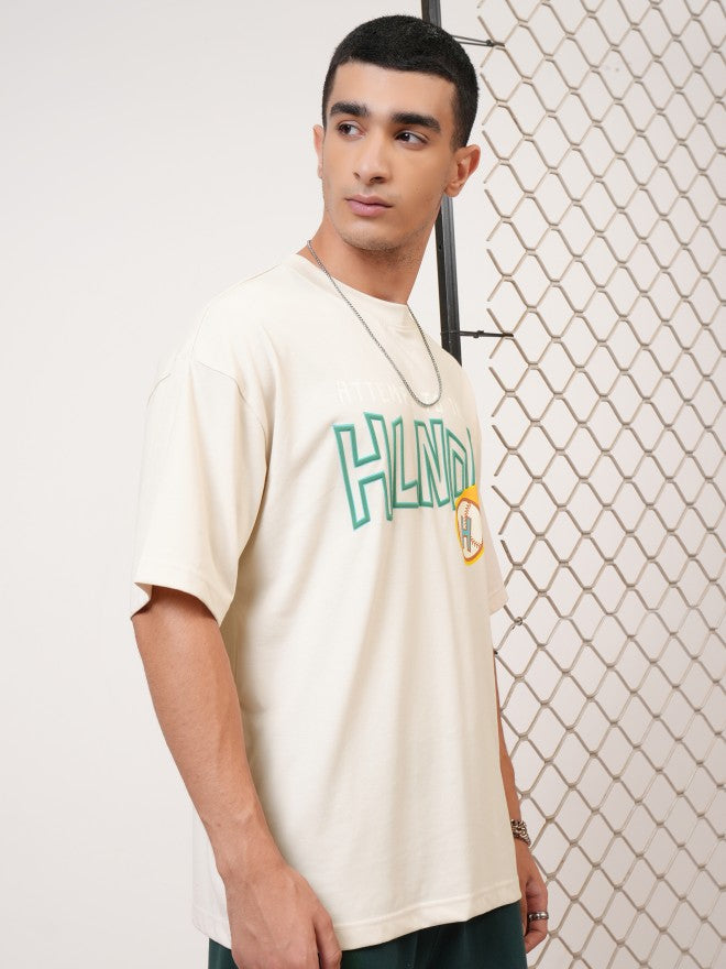 Highlander Men Cream Printed Round Neck Oversized Fit T-Shirt - Cream - Image 6