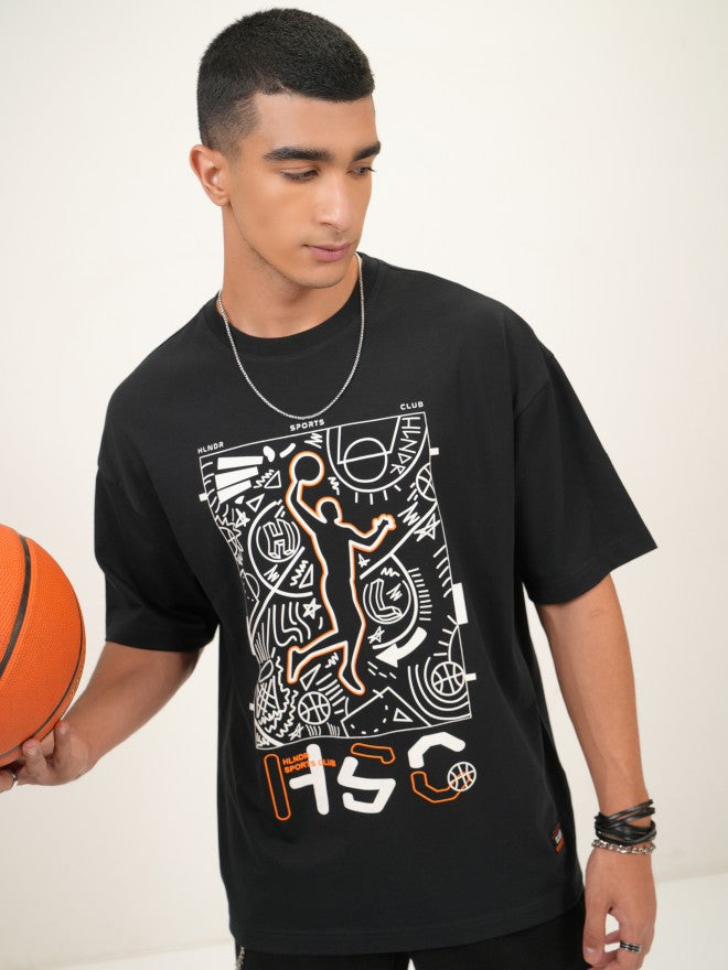 Highlander Men Black Printed Oversized Fit Round Neck T-Shirt - Black - Image 1