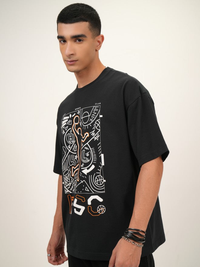 Highlander Men Black Printed Oversized Fit Round Neck T-Shirt - Black - Image 4
