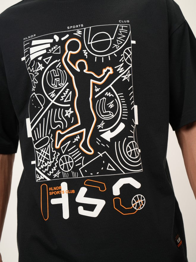 Highlander Men Black Printed Oversized Fit Round Neck T-Shirt - Black - Image 5