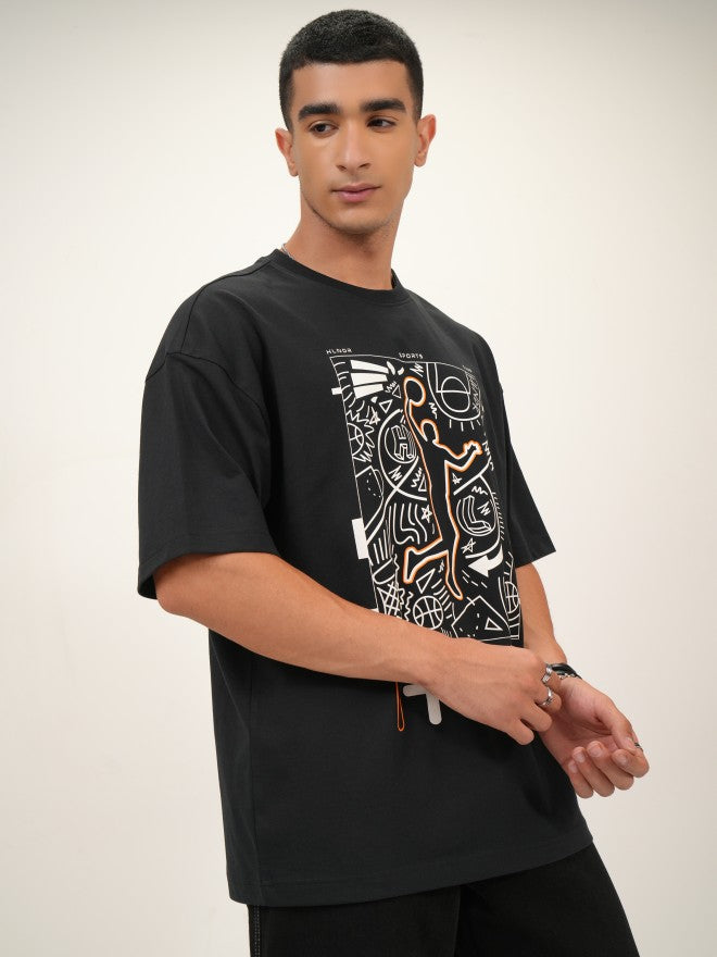 Highlander Men Black Printed Oversized Fit Round Neck T-Shirt - Black - Image 6