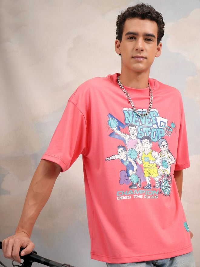 Highlander Men Rose Printed Round Neck Oversized Fit T-Shirt - Rose - Image 1
