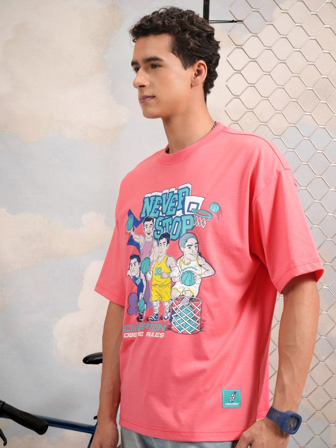 Highlander Men Rose Printed Round Neck Oversized Fit T-Shirt - Rose - Image 4