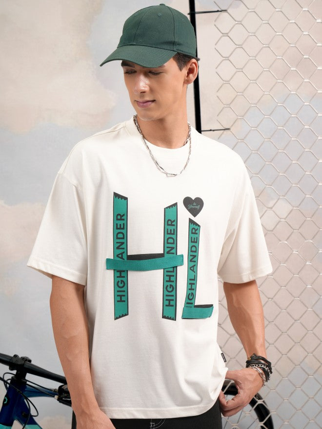 Highlander Men Off White Printed Round Neck Oversized Fit T-Shirt - Off White - Image 1