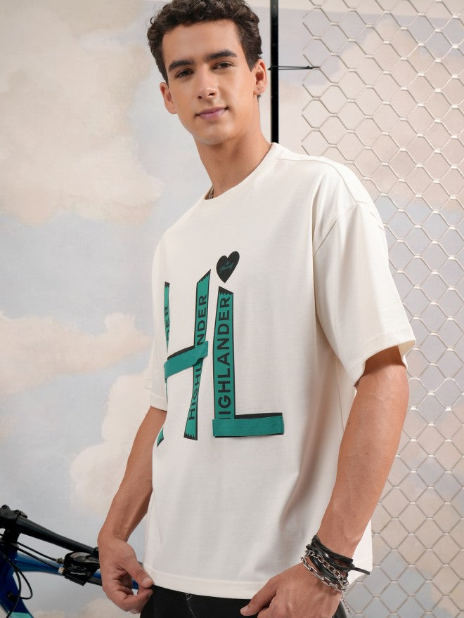 Highlander Men Off White Printed Round Neck Oversized Fit T-Shirt - Off White - Image 4