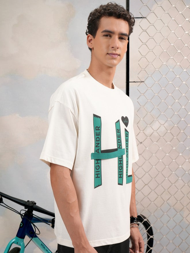 Highlander Men Off White Printed Round Neck Oversized Fit T-Shirt - Off White - Image 6