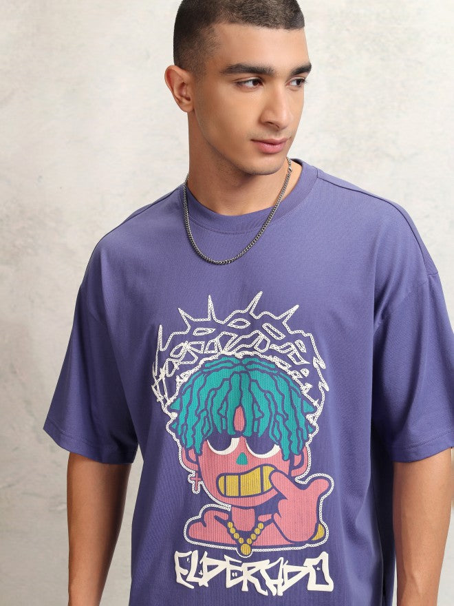 Highlander Men Purple Printed Round Neck Oversized Fit T-Shirt - Purple - Image 1