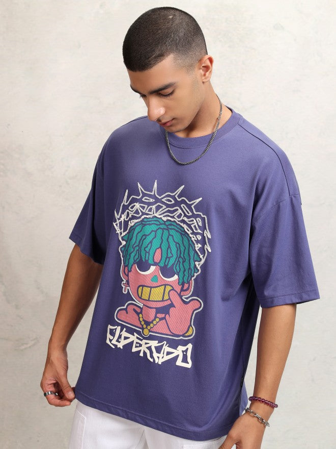 Highlander Men Purple Printed Round Neck Oversized Fit T-Shirt - Purple - Image 4