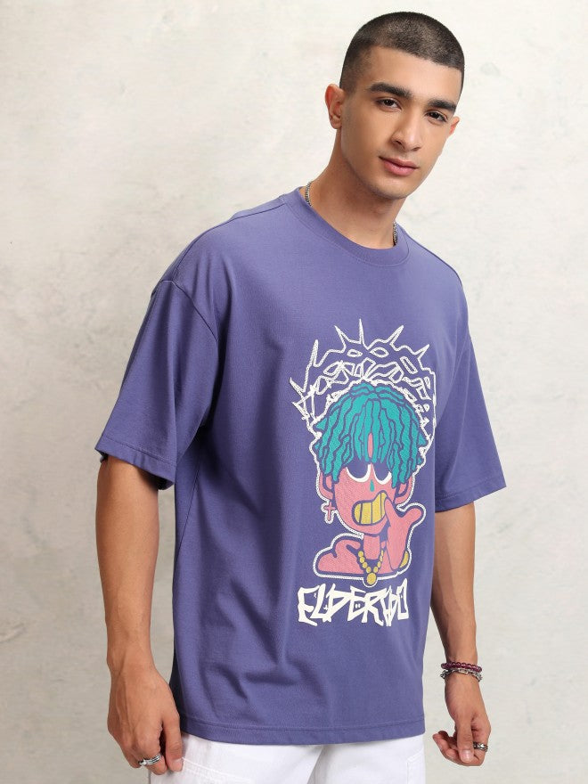 Highlander Men Purple Printed Round Neck Oversized Fit T-Shirt - Purple - Image 6