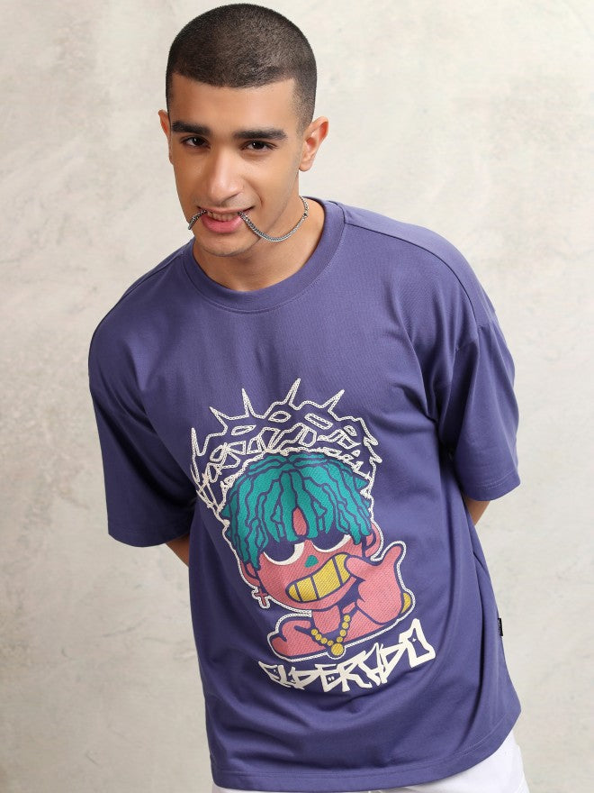 Highlander Men Purple Printed Round Neck Oversized Fit T-Shirt - Purple - Image 7
