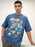 Highlander Men Blue Printed Oversized Fit Round Neck T-Shirt - Blue - Image 1