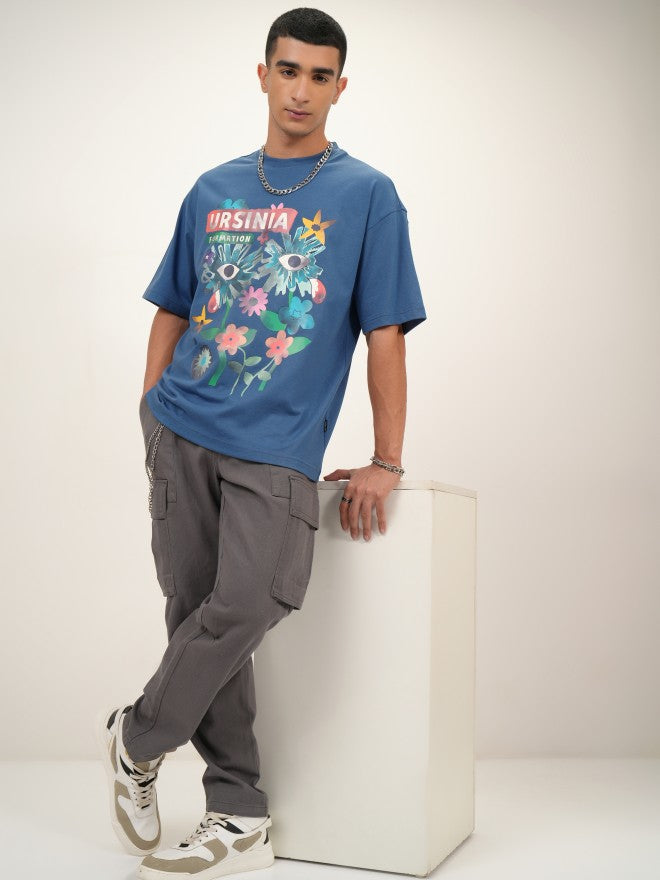 Highlander Men Blue Printed Oversized Fit Round Neck T-Shirt - Blue - Image 2