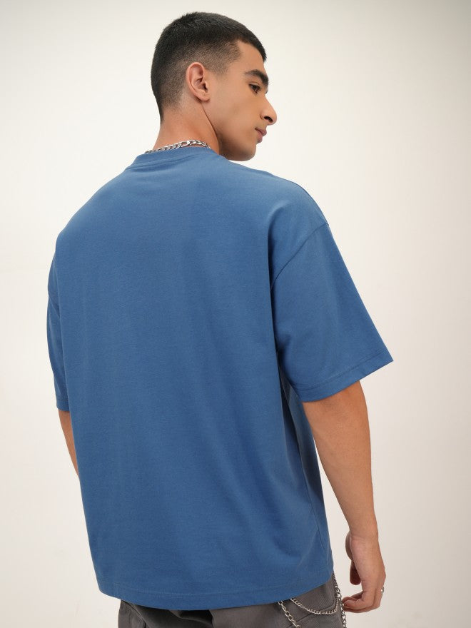 Highlander Men Blue Printed Oversized Fit Round Neck T-Shirt - Blue - Image 3