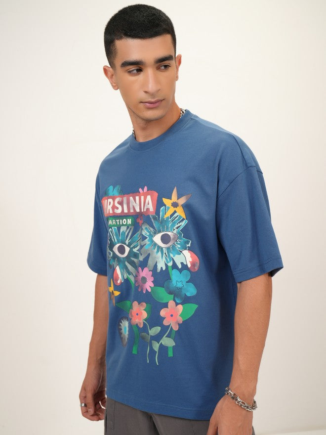 Highlander Men Blue Printed Oversized Fit Round Neck T-Shirt - Blue - Image 4