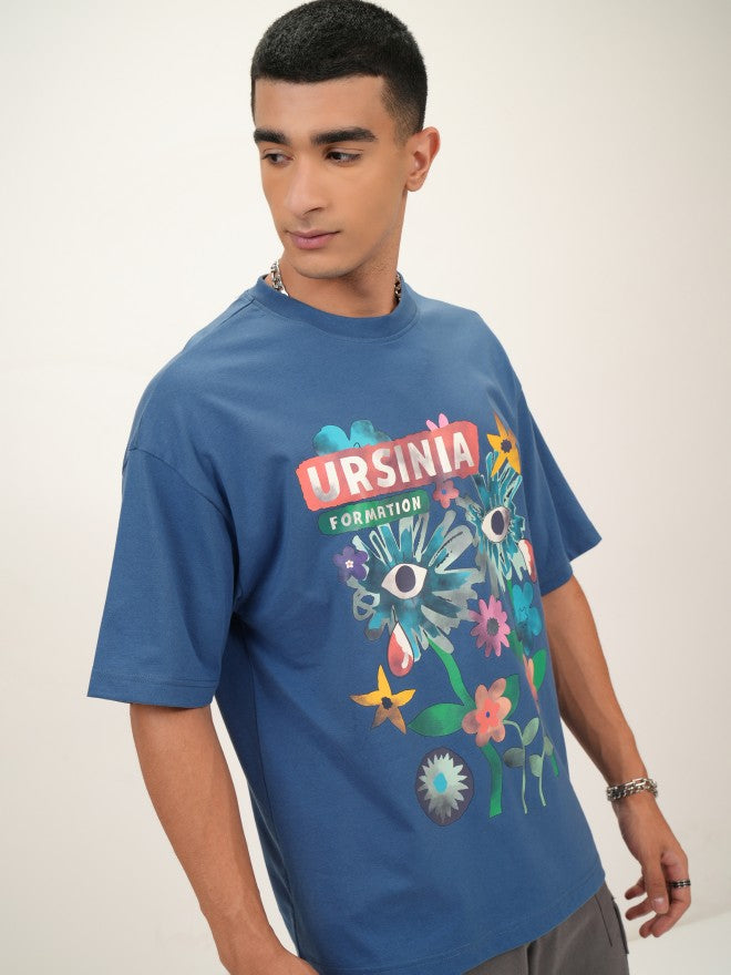 Highlander Men Blue Printed Oversized Fit Round Neck T-Shirt - Blue - Image 6