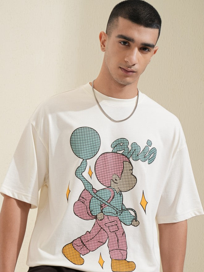 Highlander Men Off White Printed Round Neck Oversized Fit T-Shirt - Off White - Image 1