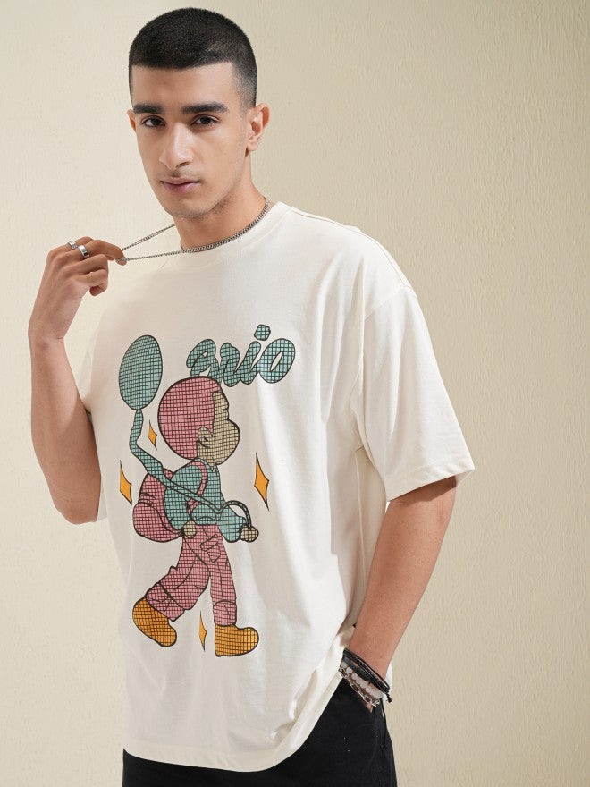 Highlander Men Off White Printed Round Neck Oversized Fit T-Shirt - Off White - Image 4