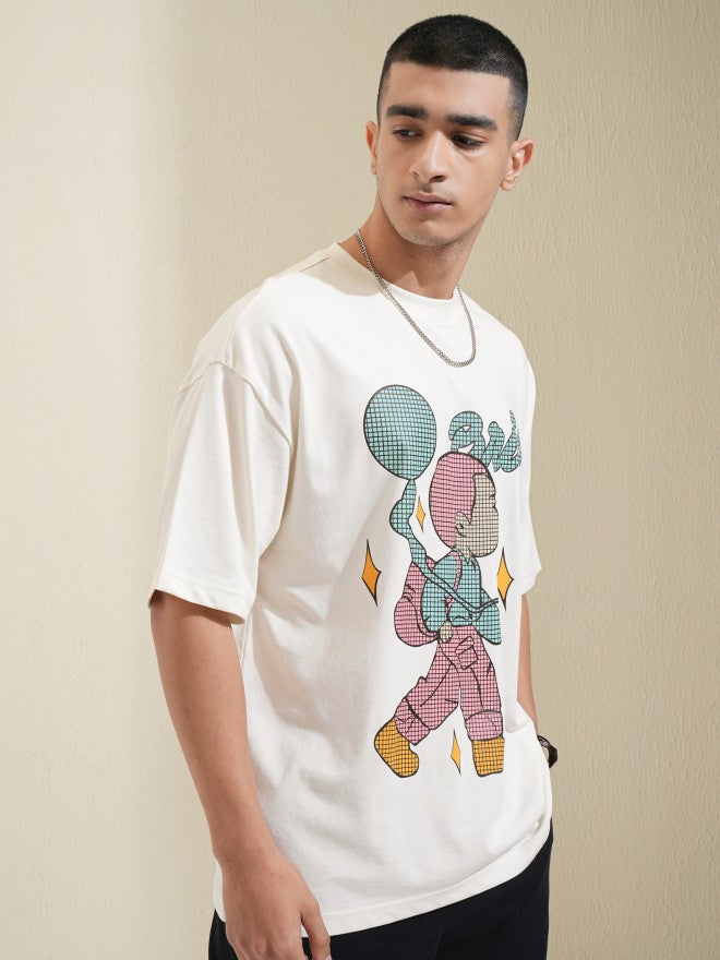 Highlander Men Off White Printed Round Neck Oversized Fit T-Shirt - Off White - Image 6