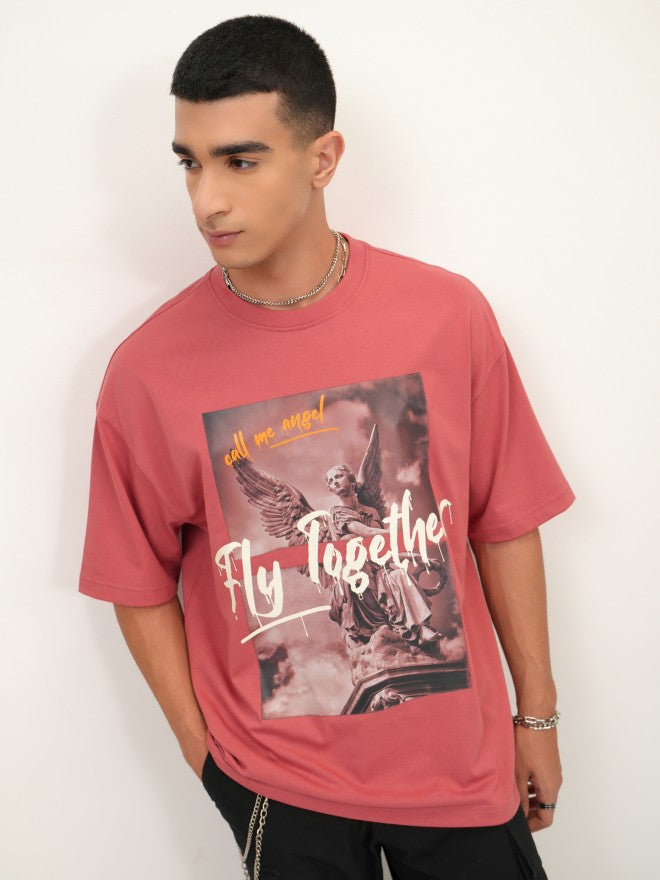 Highlander Men Peach Printed Oversized Fit Round Neck T-Shirt - Peach - Image 1