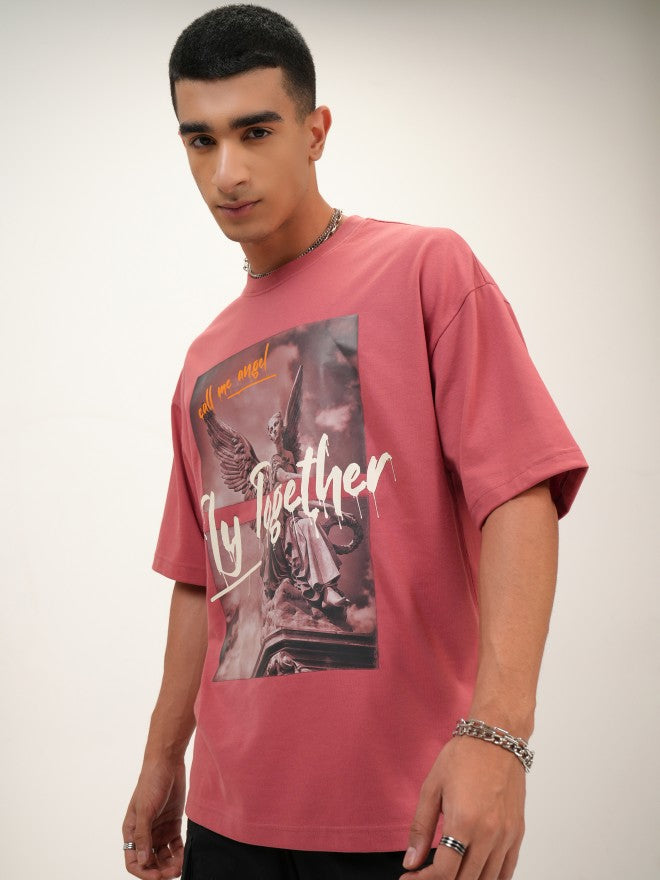 Highlander Men Peach Printed Oversized Fit Round Neck T-Shirt - Peach - Image 4