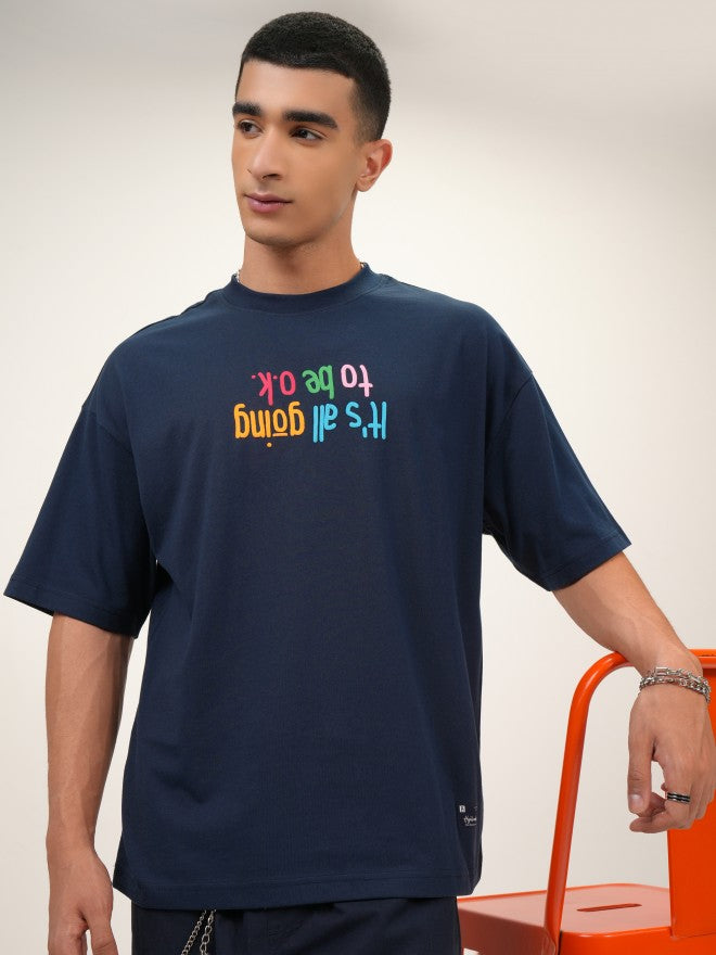 Highlander Men Navy Blue Printed Oversized Fit Round Neck T-Shirt - Navy Blue - Image 1