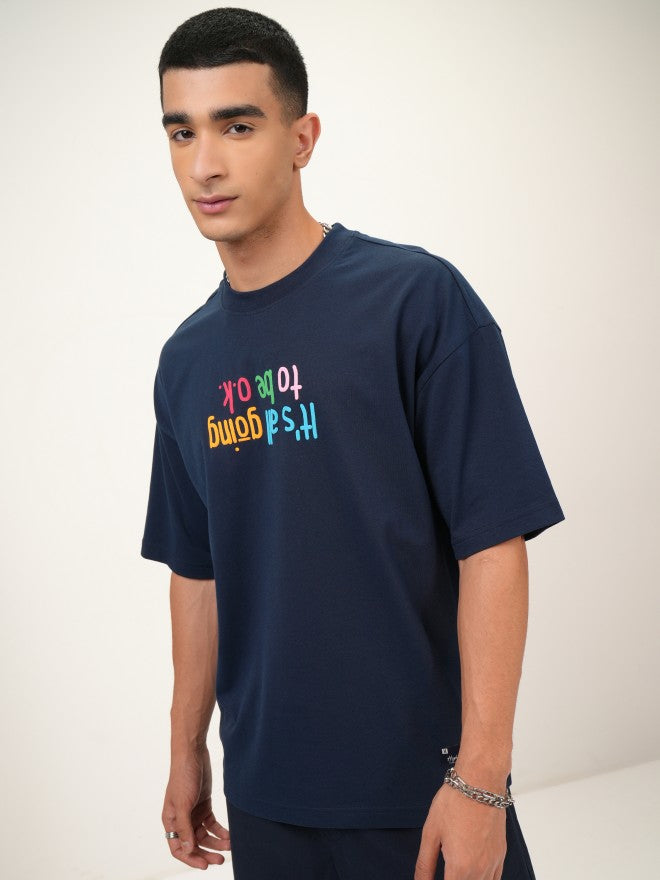 Highlander Men Navy Blue Printed Oversized Fit Round Neck T-Shirt - Navy Blue - Image 4