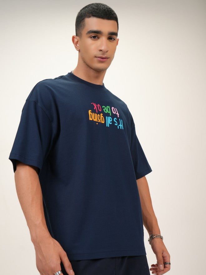 Highlander Men Navy Blue Printed Oversized Fit Round Neck T-Shirt - Navy Blue - Image 6
