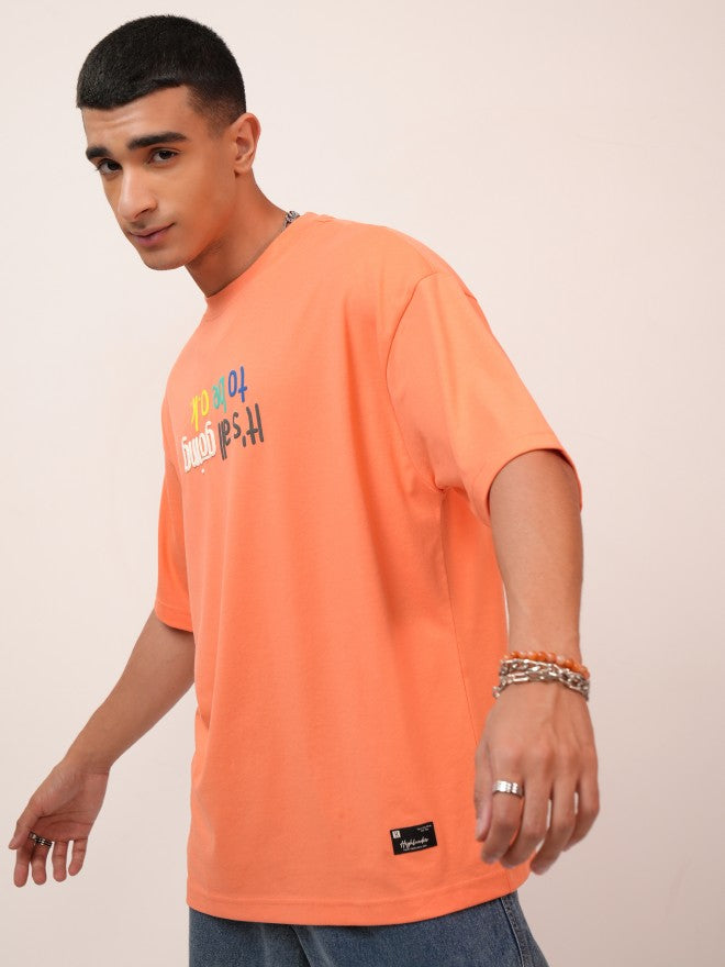 Highlander Men Coral Printed Oversized Fit Round Neck T-Shirt - Coral - Image 4