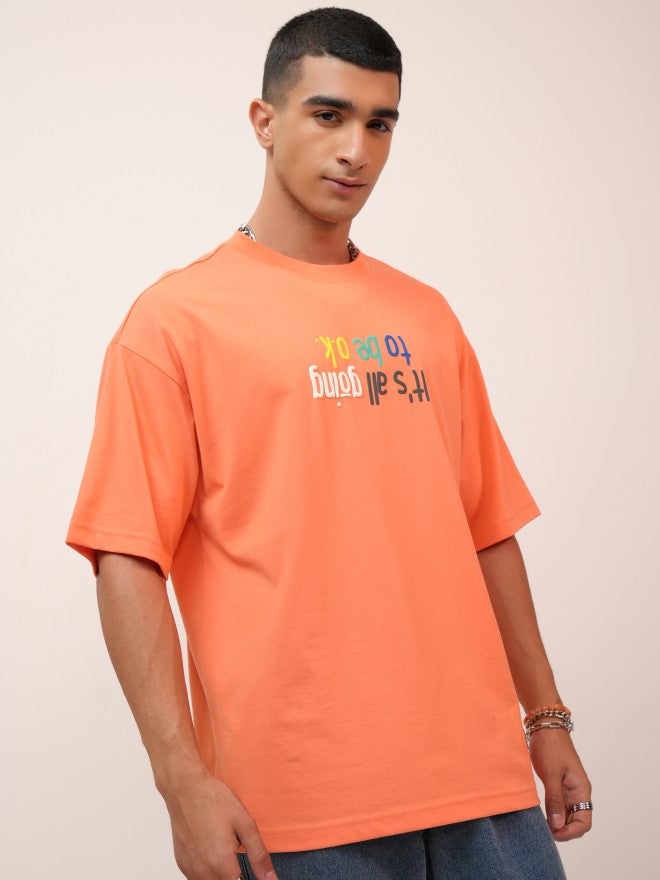 Highlander Men Coral Printed Oversized Fit Round Neck T-Shirt - Coral - Image 6