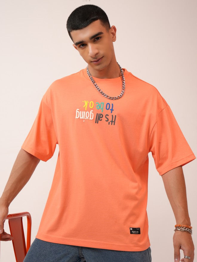 Highlander Men Coral Printed Oversized Fit Round Neck T-Shirt - Coral - Image 7